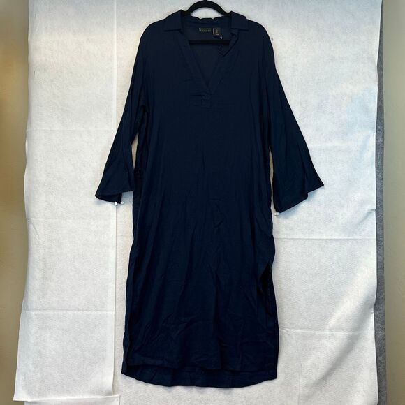 NWT TAHARI Linen Dress Sz Large Navy Blue 2-Way Wear Midi Long Sleeve Collared - Picture 2 of 12